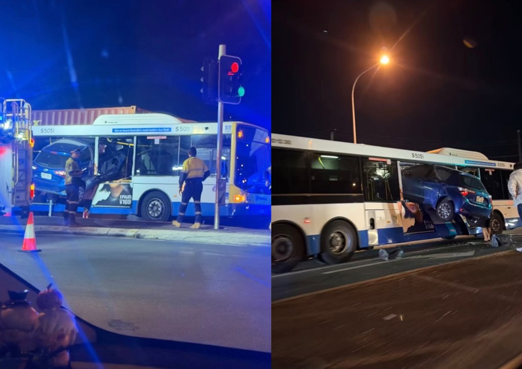 澳洲发生一起离奇车祸，一辆丰田Yaris，不明原因高速撞穿大巴士，车辆直接卡住， 事故原因当地警方已经展开调查。 （网友@soy_____latte___授权）
