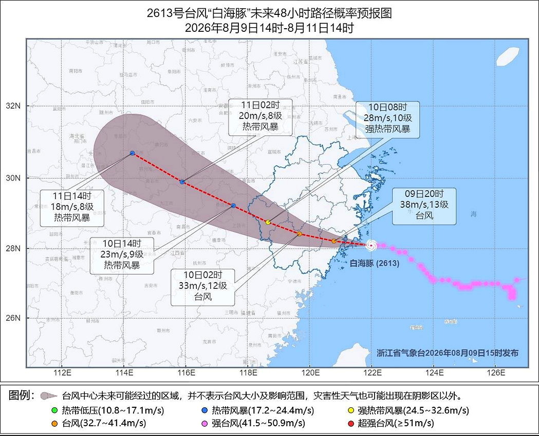 浙江省气象台指出,台风白海豚9日傍晚前后将在浙江玉环到温岭一带沿海登陆。图/取自... 浙江省气象台指出,台风白海豚9日傍晚前后将在浙江玉环到温岭一带沿海登陆。图/取自...