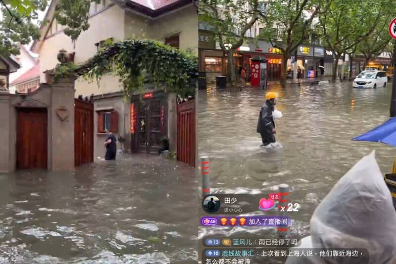 白海豚台风今（9）日傍晚登陆前，上海市就因为暴雨导致多地区淹成汪洋。（图撷取自中国抖音、社群平台「X」，本报合成）